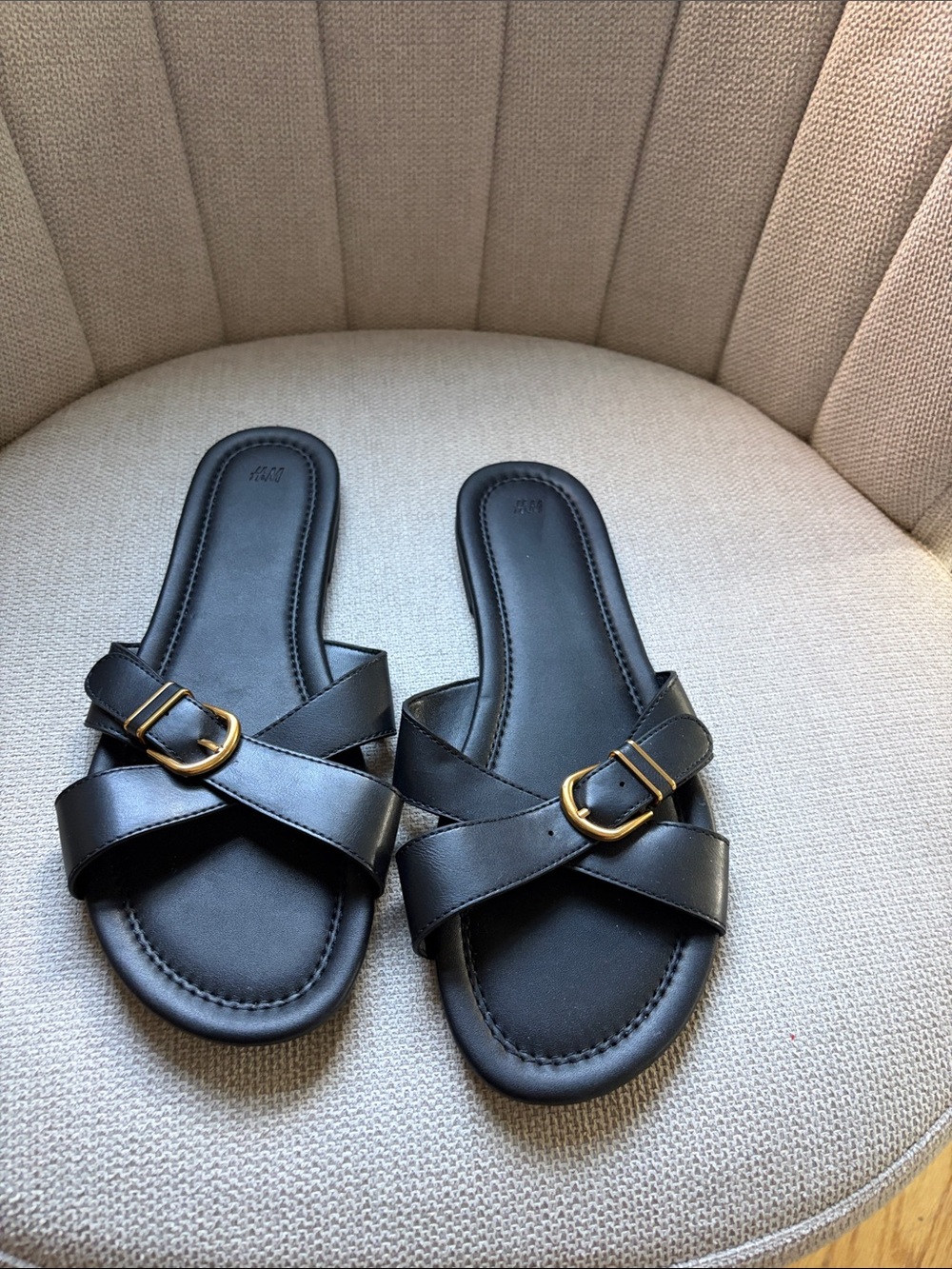 H&M Black Cross-Strap Slide Sandals with Gold Buckles
